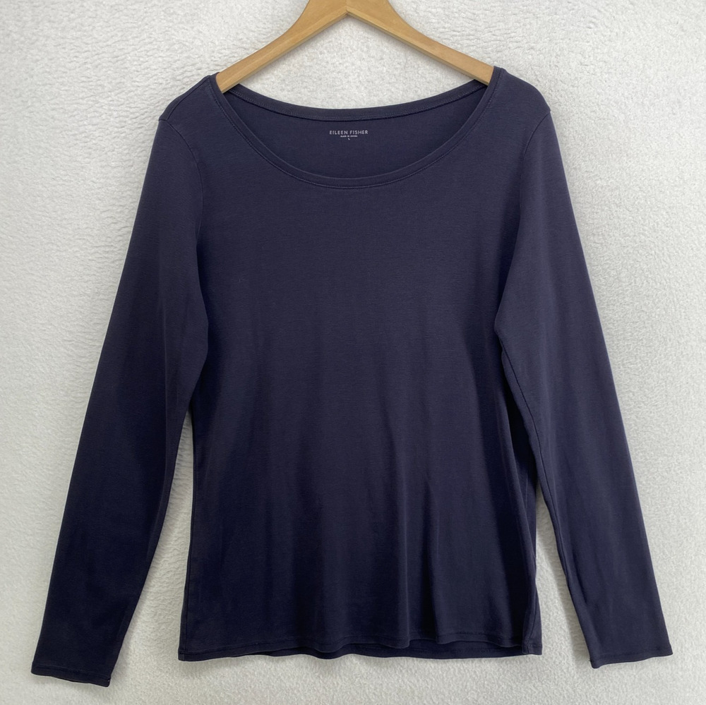 EILEEN FISHER Top L Organic Cotton Ribbed Jersey Scoop Neck Long Sleeve Blue